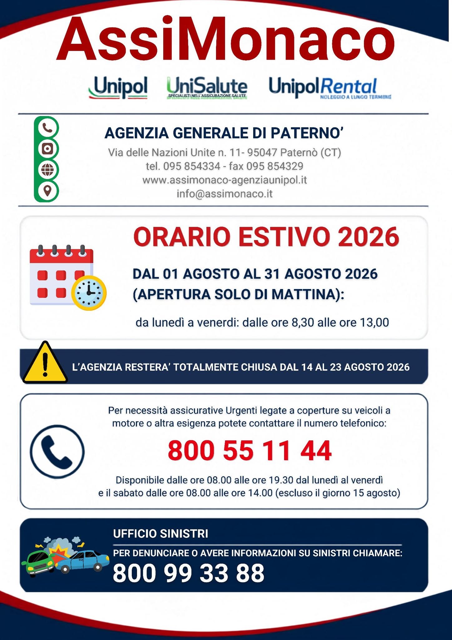 Orari e chiusure per agosto 2026